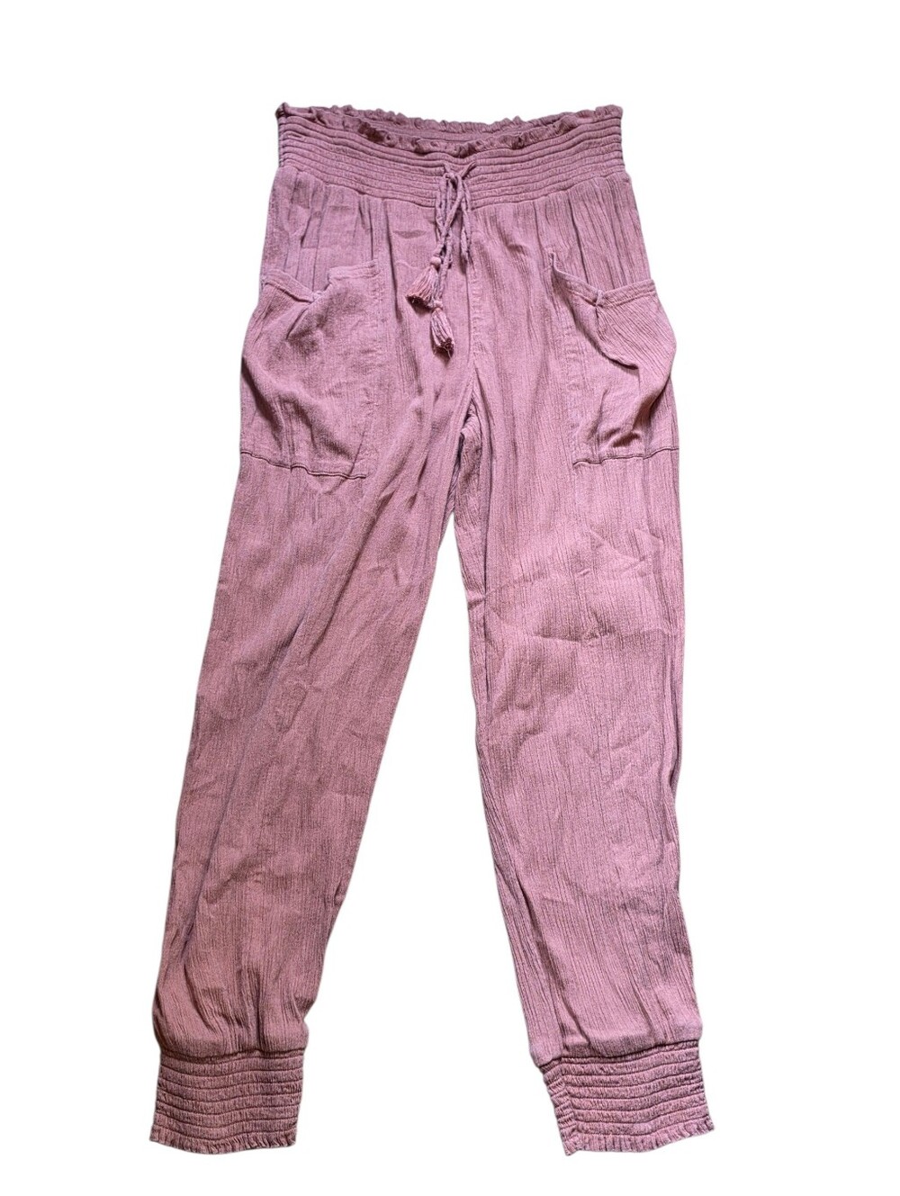 Aerie Boho Gauzy Smocked Jogger Pants Tassle Drawstring Front Pockets Size M